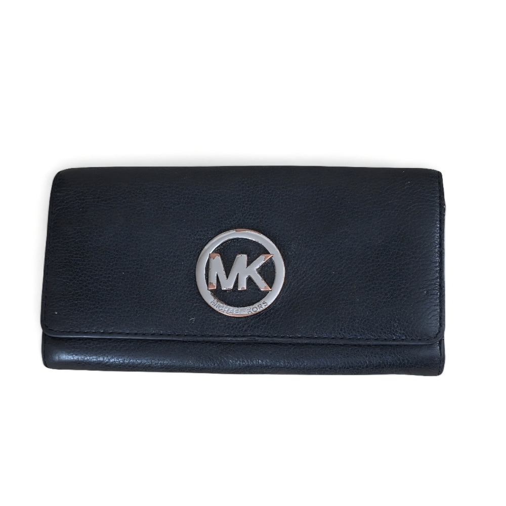 Michael Kors Black Leather Fulton Carryall Snap Closure Wallet Tri-fold Clutch